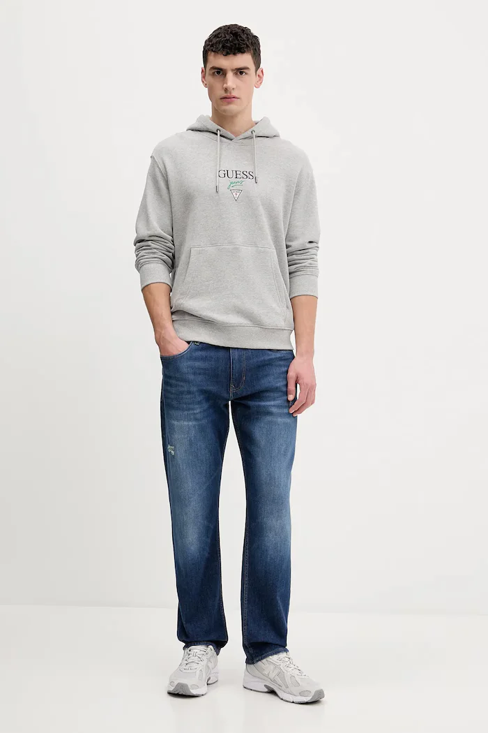 GUESS JEANS Памучен суичър мъжки в сиво с качулка с меланжов десен M6RQ26 KCPR1