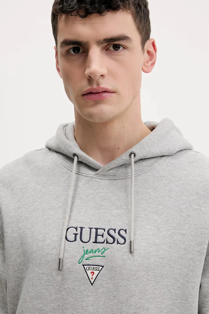 GUESS JEANS Памучен суичър мъжки в сиво с качулка с меланжов десен M6RQ26 KCPR1