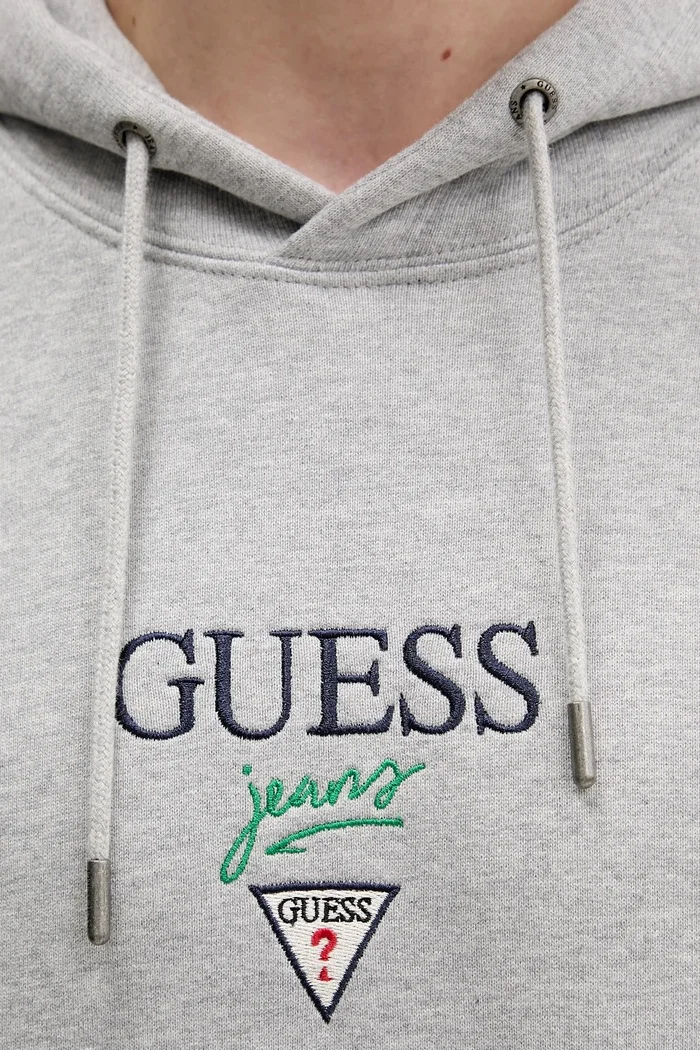 GUESS JEANS Памучен суичър мъжки в сиво с качулка с меланжов десен M6RQ26 KCPR1