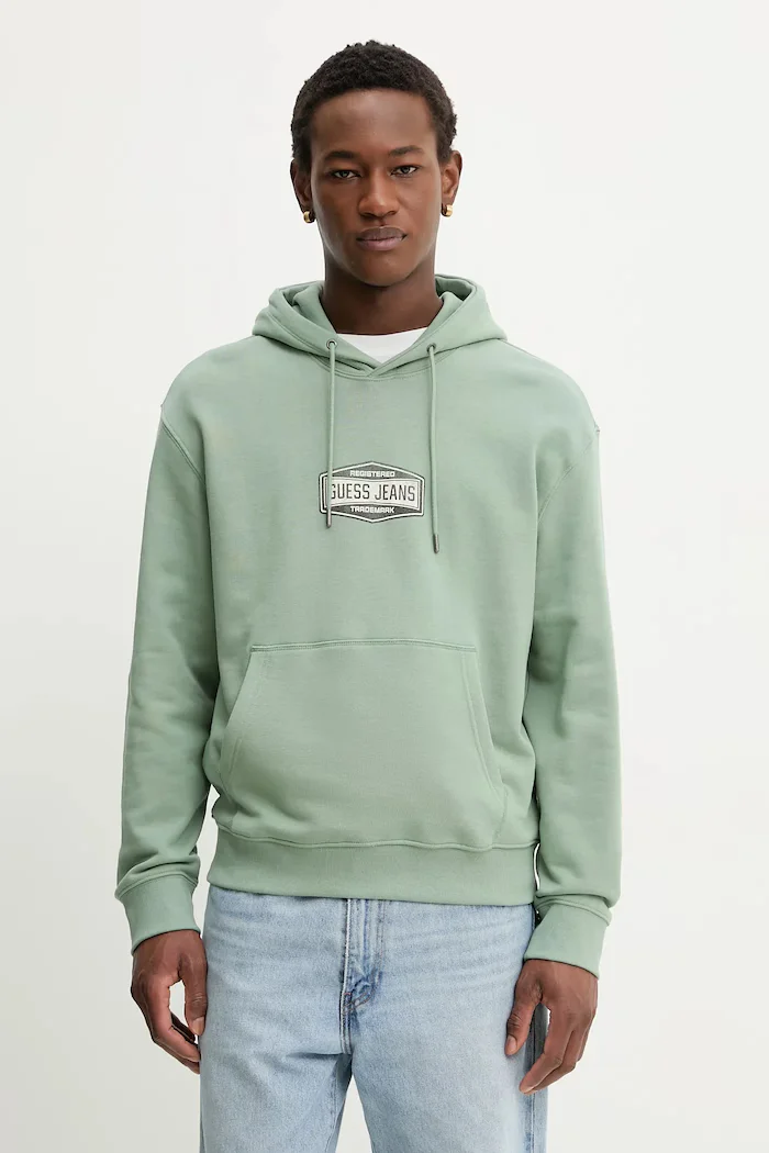 GUESS JEANS Памучен суичър мъжки в зелено с качулка с принт M6RQ25 KCPR1