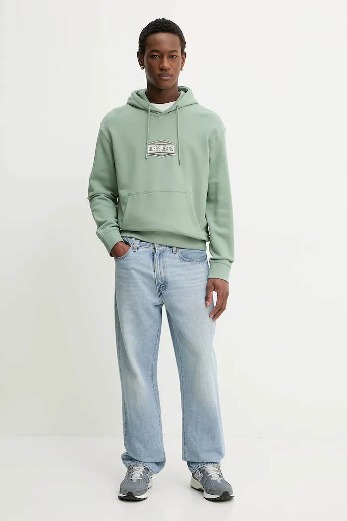 GUESS JEANS Памучен суичър мъжки в зелено с качулка с принт M6RQ25 KCPR1