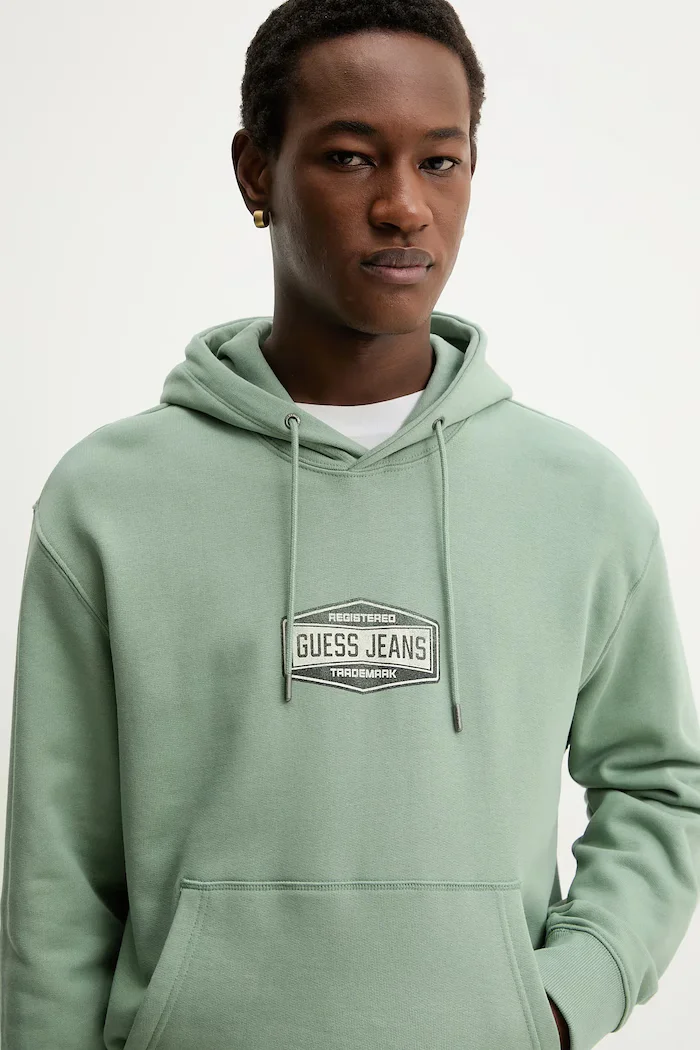 GUESS JEANS Памучен суичър мъжки в зелено с качулка с принт M6RQ25 KCPR1