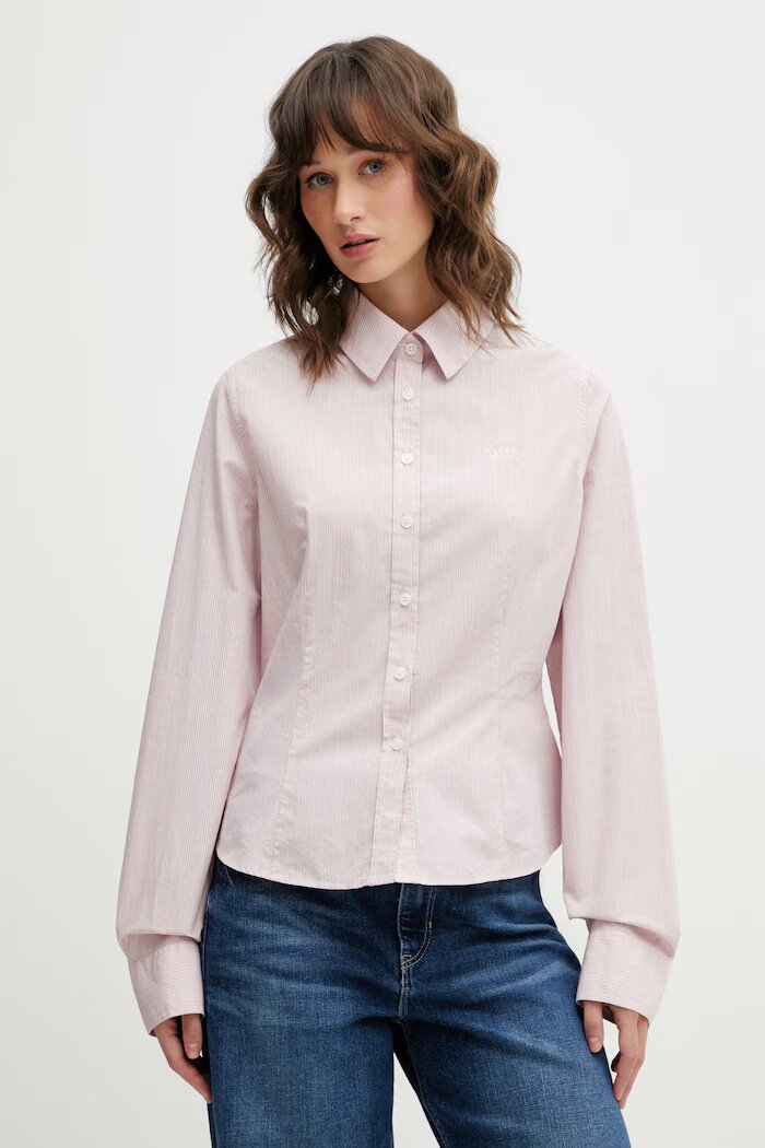 GUESS JEANS Памучна риза дамска в розово със стандартна кройка с класическа яка W6RH66 WH7Q1