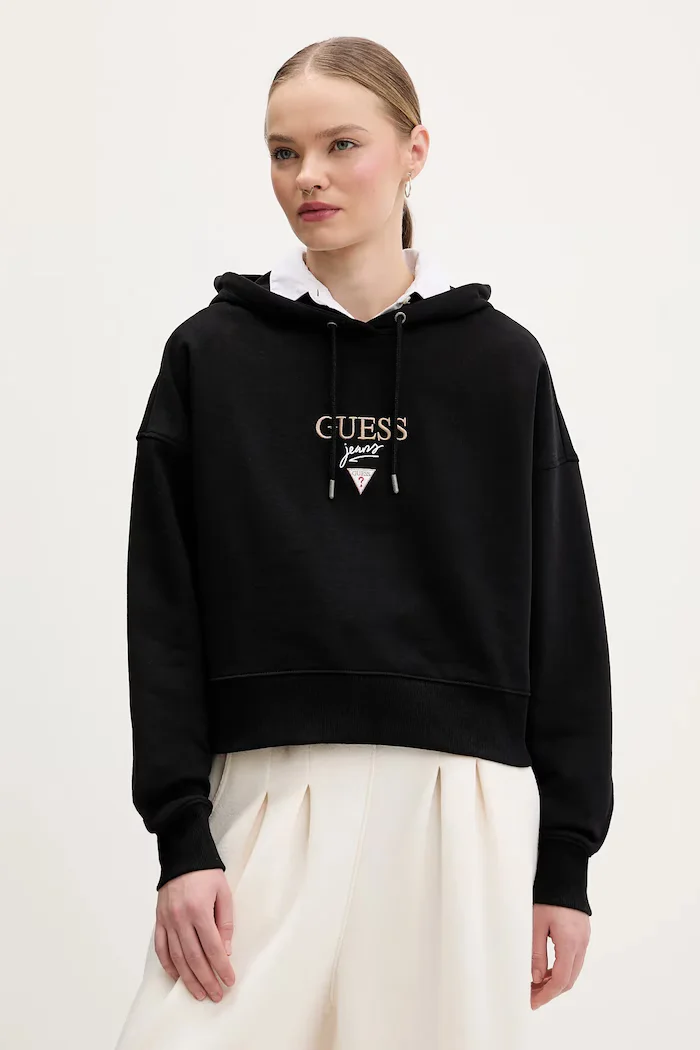GUESS JEANS суичър с качулка дамски от памук черен W6RQ00 K68I4