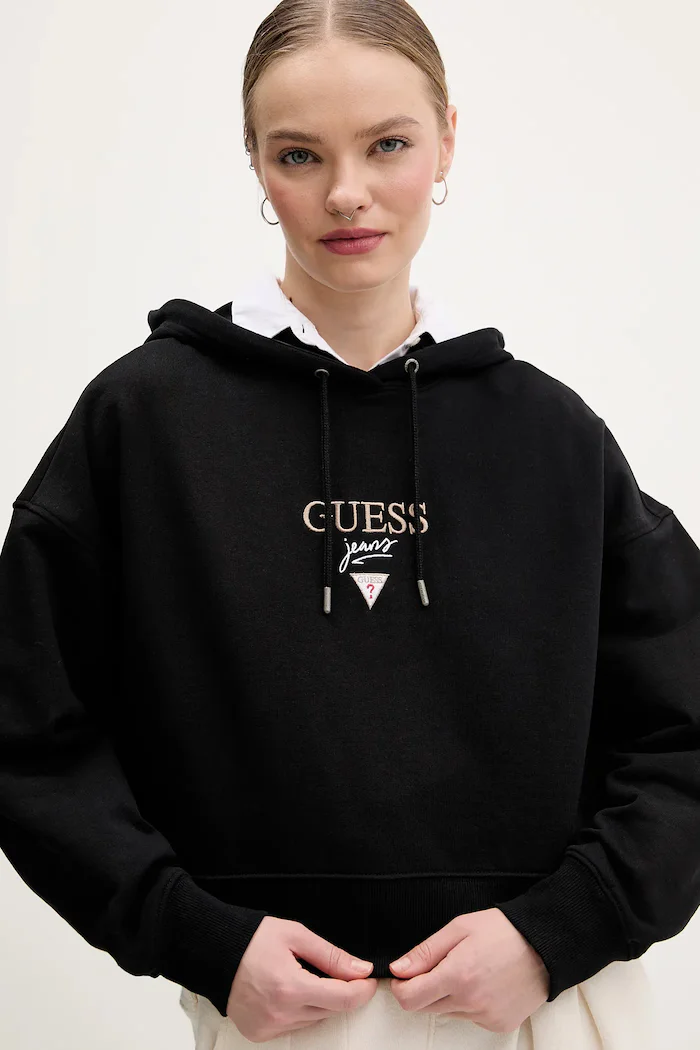GUESS JEANS суичър с качулка дамски от памук черен W6RQ00 K68I4