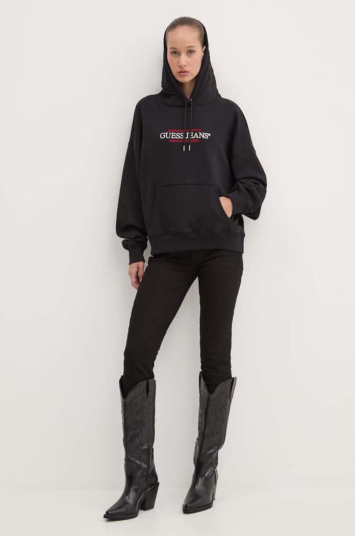 GUESS JEANS суичър с качулка дамски с памук черен W4YQ15 KC811