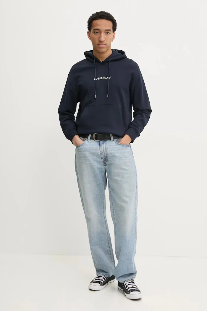 GUESS JEANS суичър с качулка мъжки от памук тъмносин M5RQ38 KCPR1