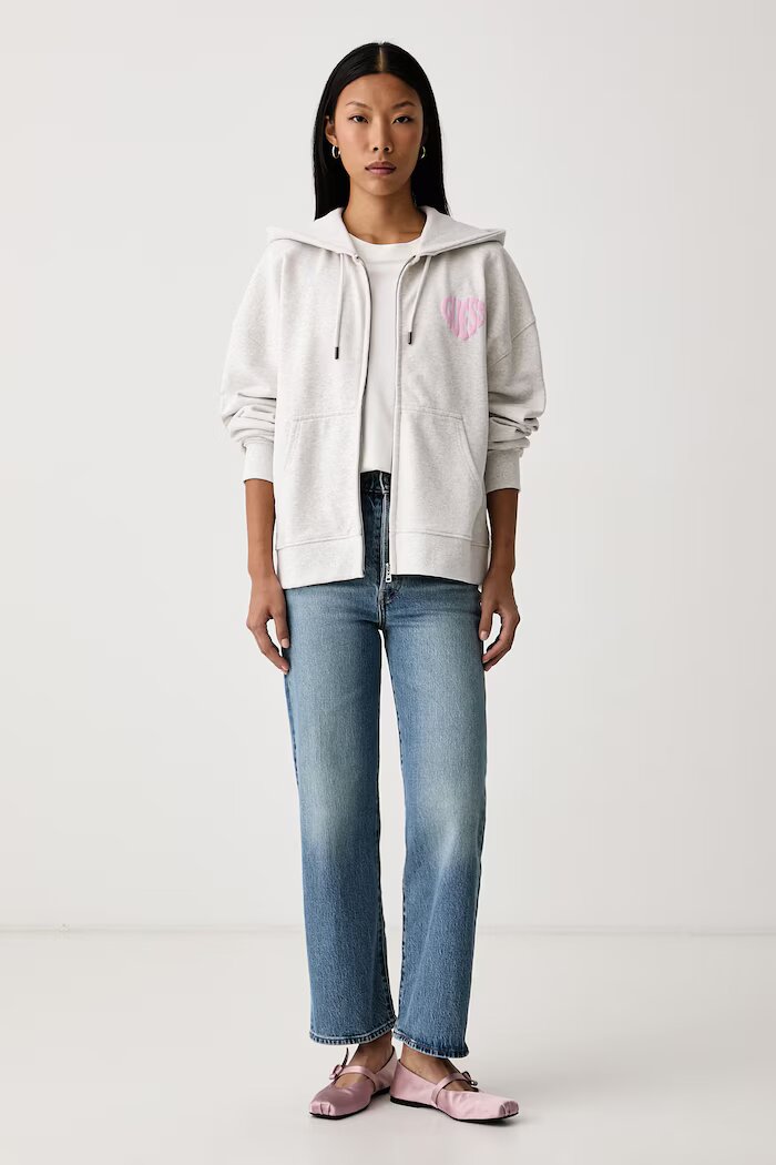 GUESS JEANS суичър с цип и качулка дамски от памук сив W6BQ17 K6631