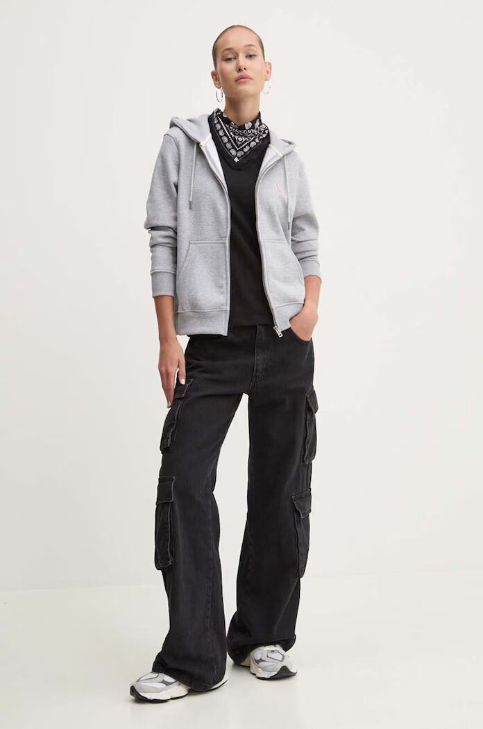 GUESS JEANS суичър с цип и качулка дамски с памук сив W4YQ03 KC811
