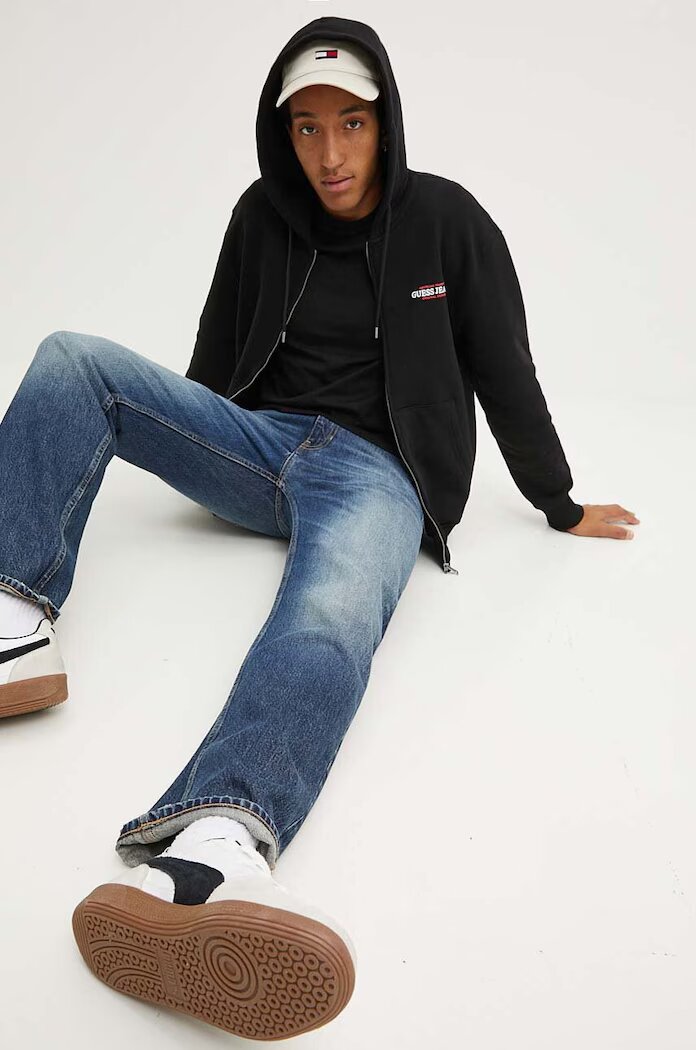 GUESS JEANS суичър с цип и качулка мъжки с памук черен M4YQ27 K9V31