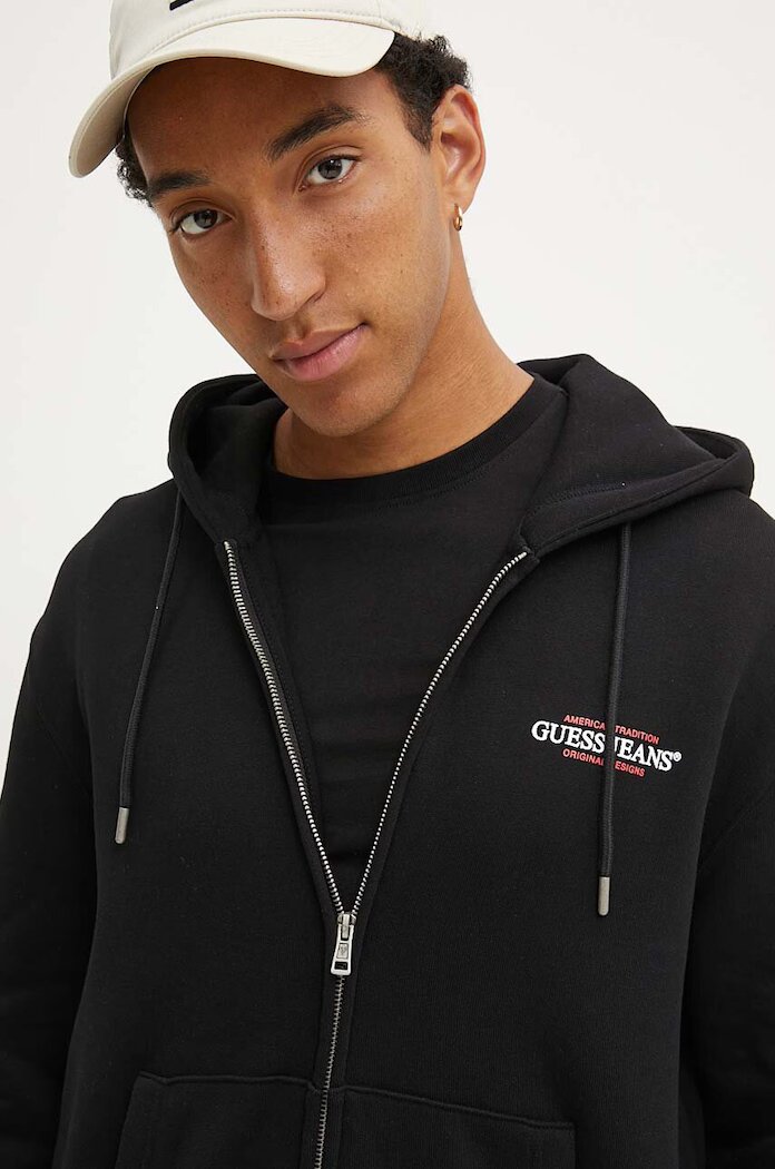 GUESS JEANS суичър с цип и качулка мъжки с памук черен M4YQ27 K9V31