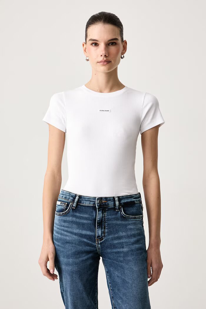 GUESS JEANS тениска дамска от памук с еластан бяла W6BP04 K5468