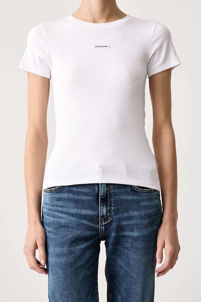 GUESS JEANS тениска дамска от памук с еластан бяла W6BP04 K5468