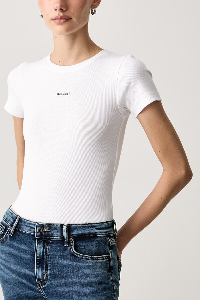 GUESS JEANS тениска дамска от памук с еластан бяла W6BP04 K5468