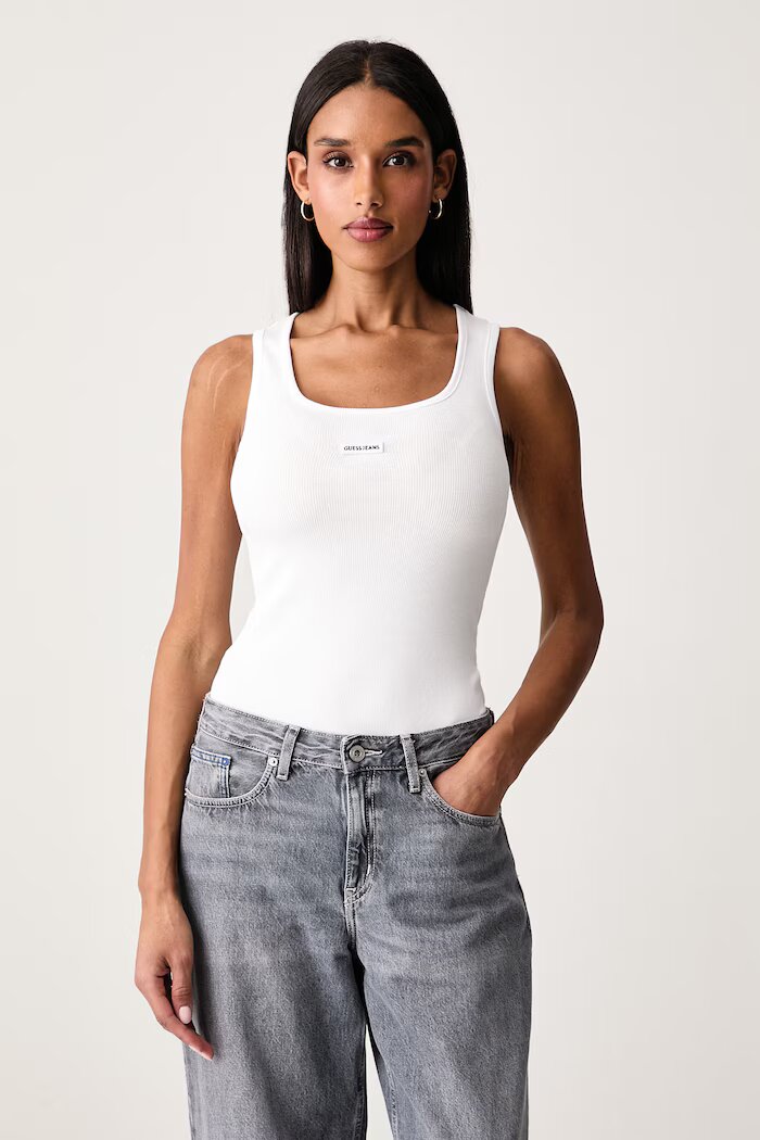 GUESS JEANS топ дамски от памук с еластан бял W6BP03 K5467
