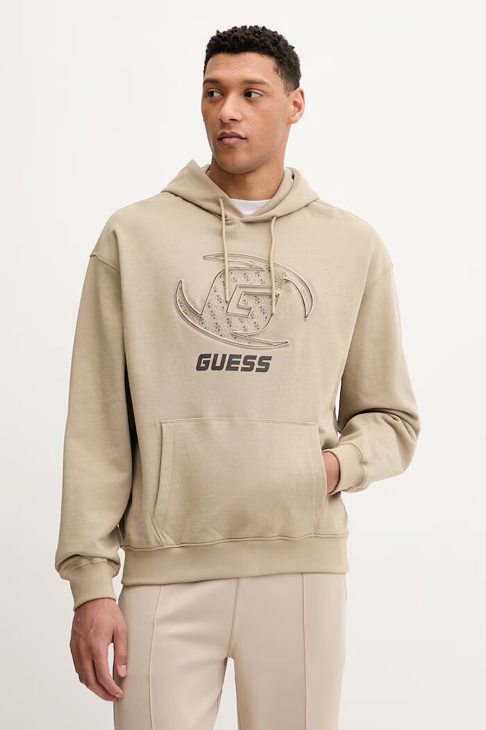 GUESS Памучен суичър KELE мъжки в зелено с качулка с апликация Z6RQ05 K9YI1
