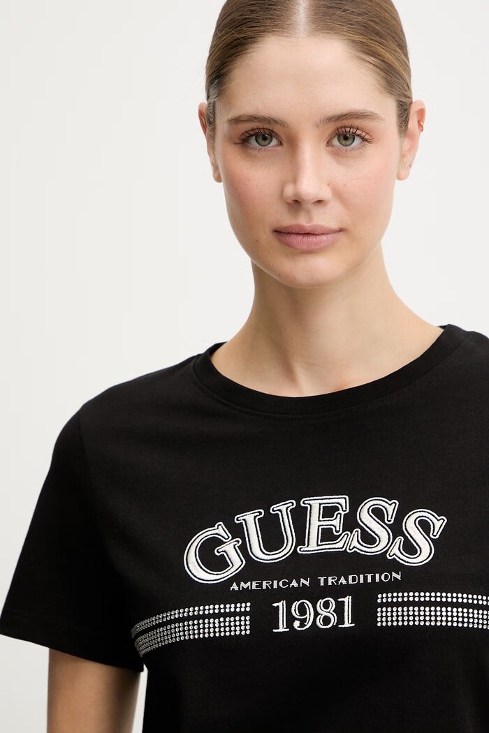 GUESS Памучна тениска ALDA дамска в черно V6RI16 I3Z14