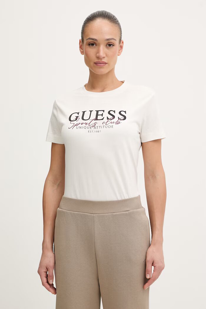 GUESS Памучна тениска ARTEMISIA дамска в бежово V6RI05 I3Z14