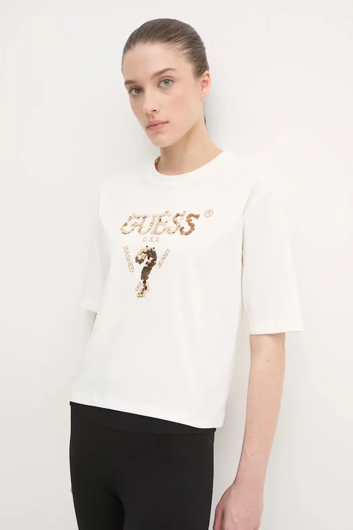 GUESS Памучна тениска AURLIE в бежово V4YI06 I3Z14