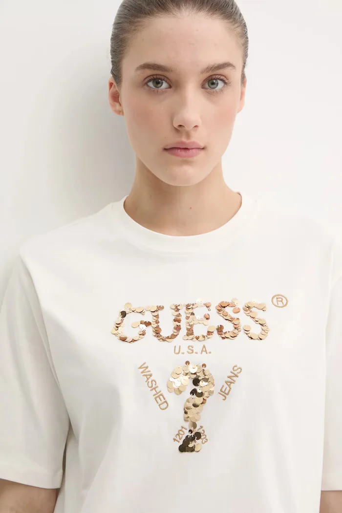GUESS Памучна тениска AURLIE в бежово V4YI06 I3Z14