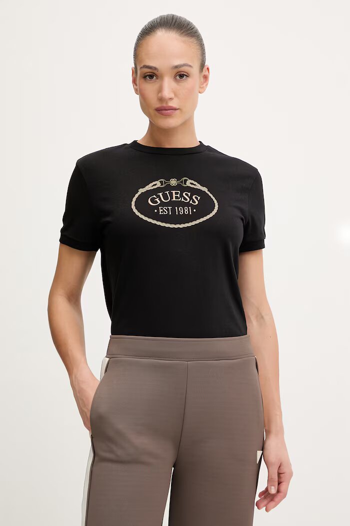 GUESS Памучна тениска ROSALBA дамска в черно V6RI04 K8FQ4