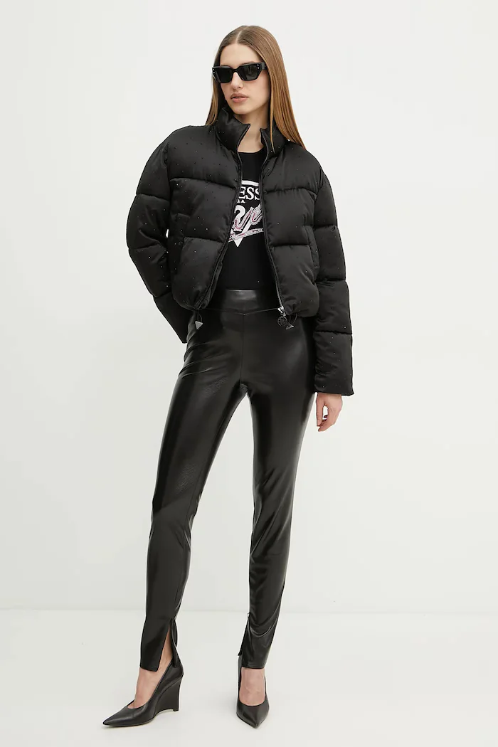 GUESS панталон дамски от имитация на кожа PRESCILLA черен с висока талия W4BB18 WGIK0