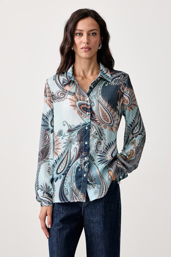 GUESS риза дамска CLOUIS синя с флорален мотив W6YH68 W3212