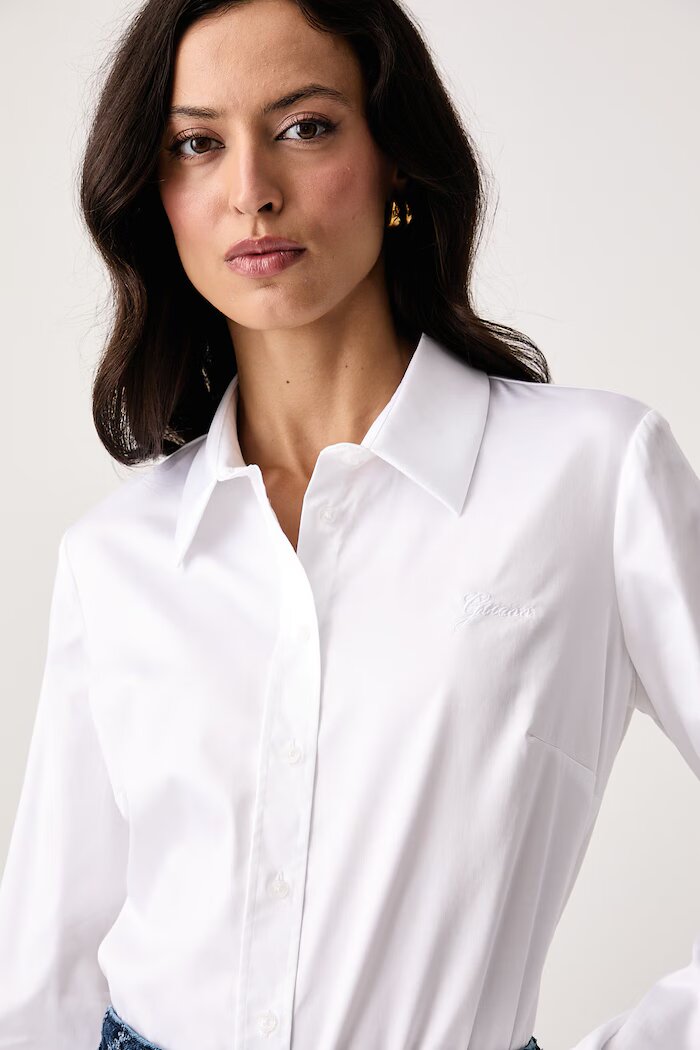 GUESS риза дамска от памук с еластан NEW CATE бяла W6YH10 W2752