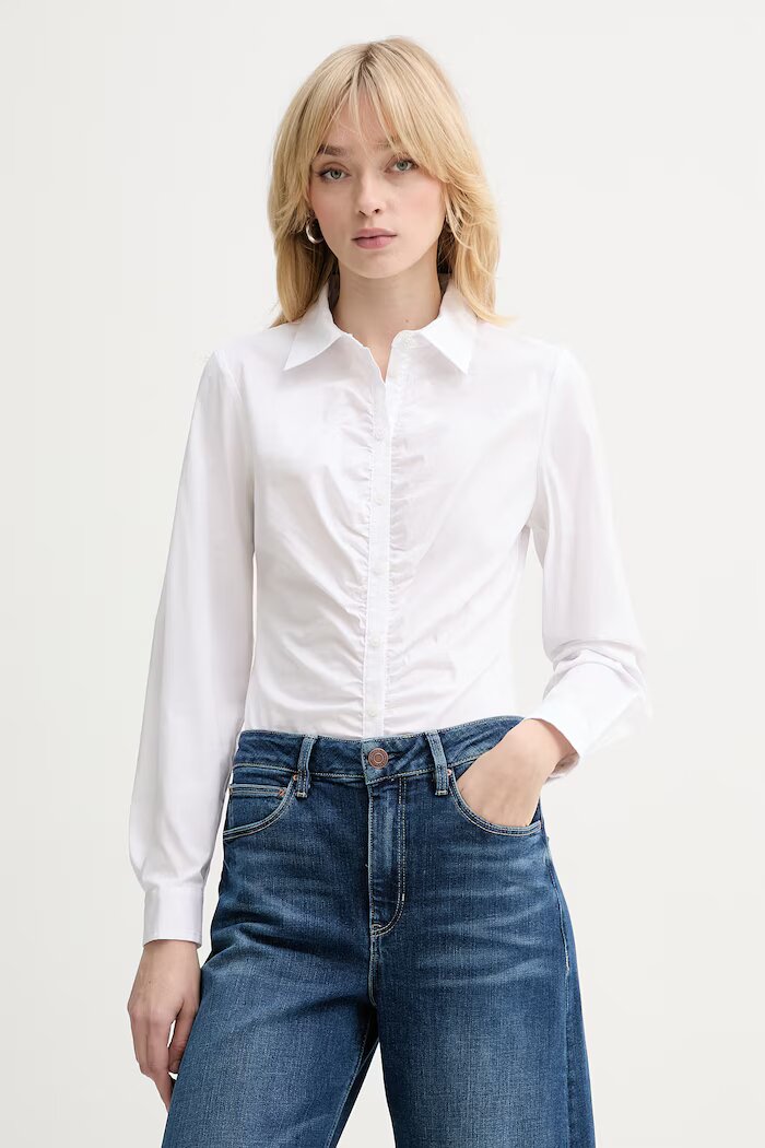 GUESS Риза EMILY дамска в бяло с кройка по тялото с класическа яка W6RH85 W1LU1