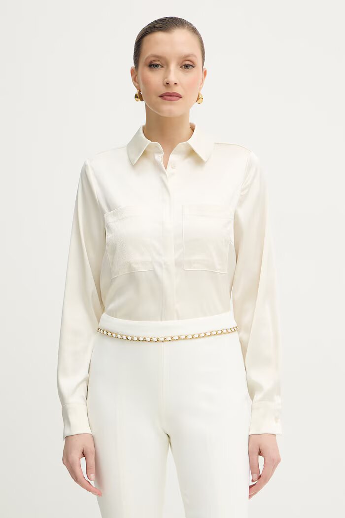 GUESS Риза MARGUERITE дамска в бежово със стандартна кройка с класическа яка W5RH40 WFQC2