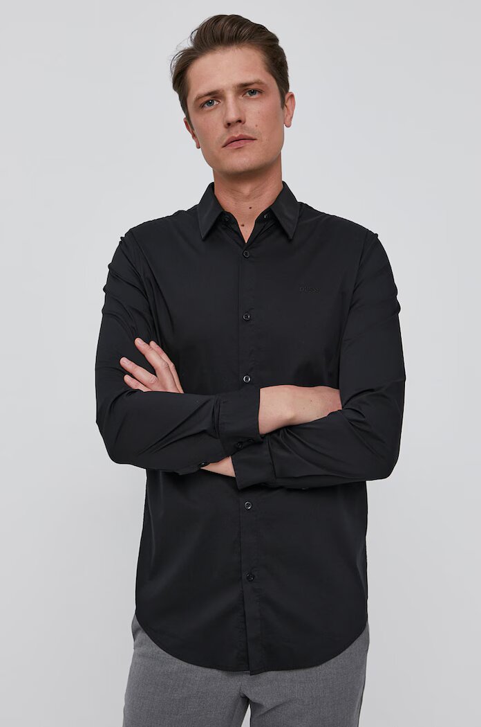 GUESS Риза SUNSET мъжка в черно с кройка по тялото класическа яка M1YH20 W7ZK1