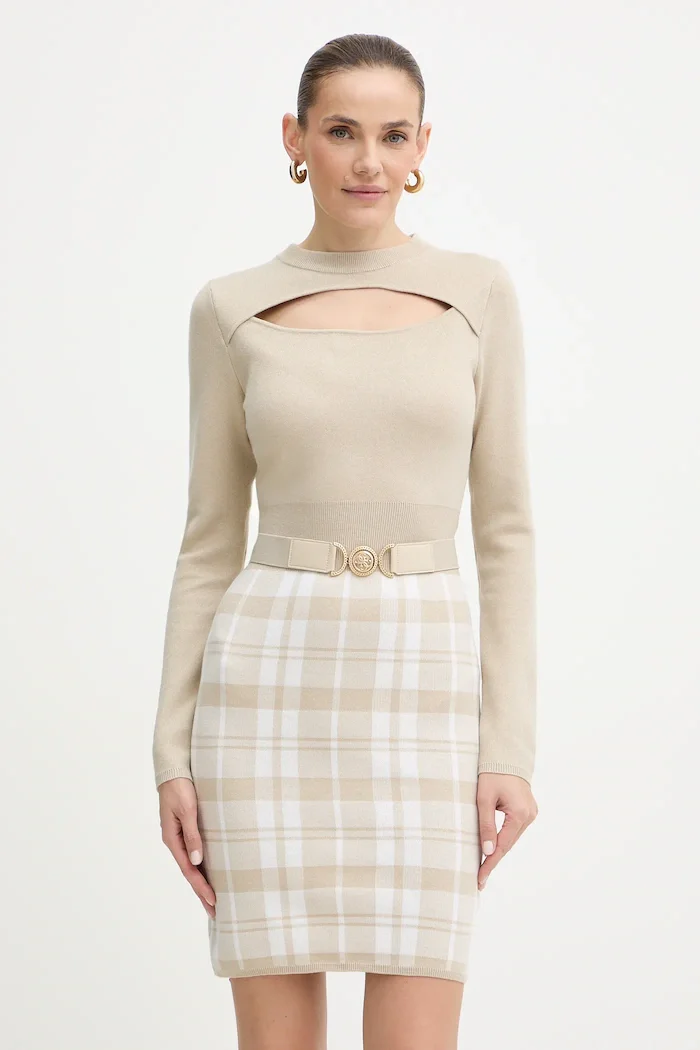 GUESS Рокля с вълна CORALINE в бежово къса с кройка по тялото W5BK44 Z3JD2