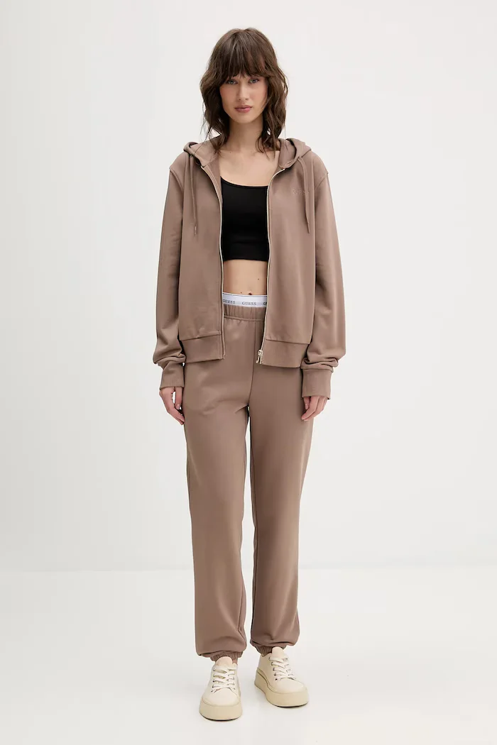 GUESS спортен панталон дамски с памук SOFIA кафяв с висока талия O5RB01 KCO31