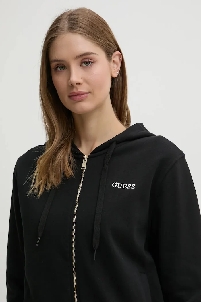 GUESS суичър с цип и качулка дамски с памук SOFIA черен O5RQ01 KCO31