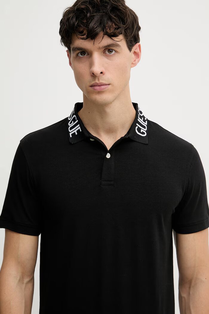 GUESS тениска с яка мъжка памучна с еластан NOLAN черна M6GP66 K3070