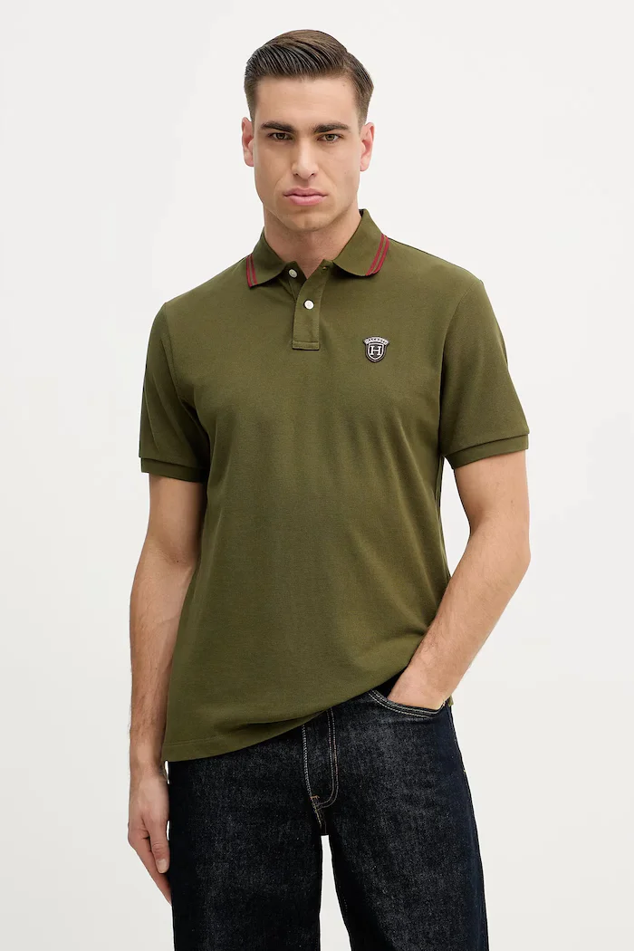Hackett London Памучна тениска с яка в зелено с изчистен дизайн HM5600082