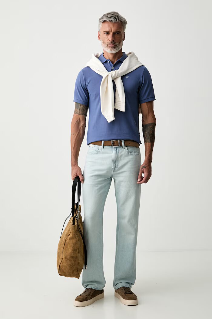 Hackett London тениска с яка мъжка от памук синя HM5600203
