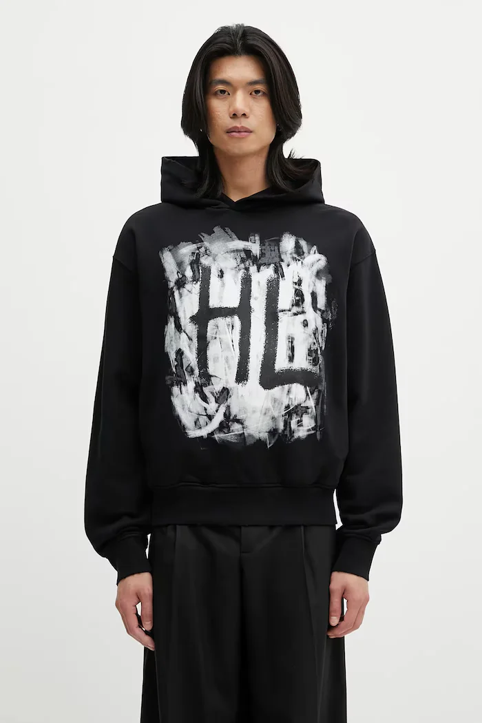 helmut lang Памучен суичър SCRIBBLE.H2.LIGHT.CT мъжки в черно с качулка с принт P02HM514