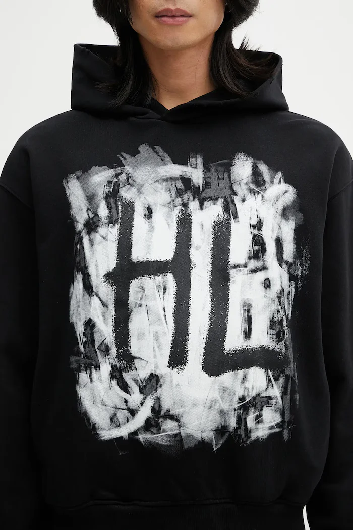 helmut lang Памучен суичър SCRIBBLE.H2.LIGHT.CT мъжки в черно с качулка с принт P02HM514