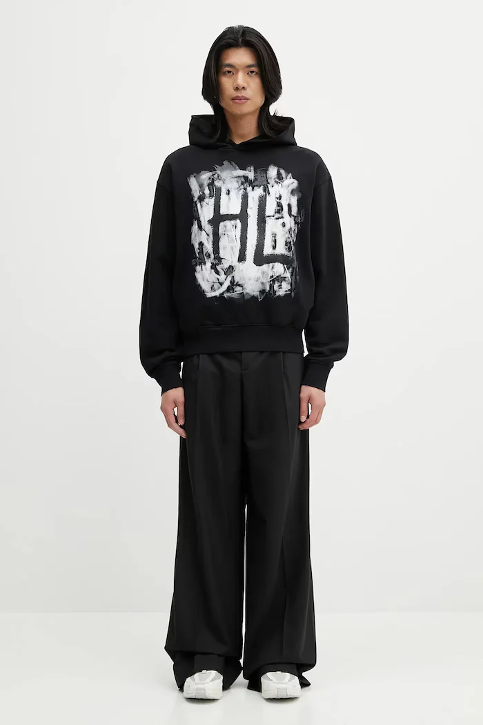 helmut lang Памучен суичър SCRIBBLE.H2.LIGHT.CT мъжки в черно с качулка с принт P02HM514
