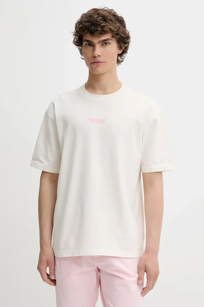 Hollister Co. Памучна тениска в бежово с апликация KI323-5007