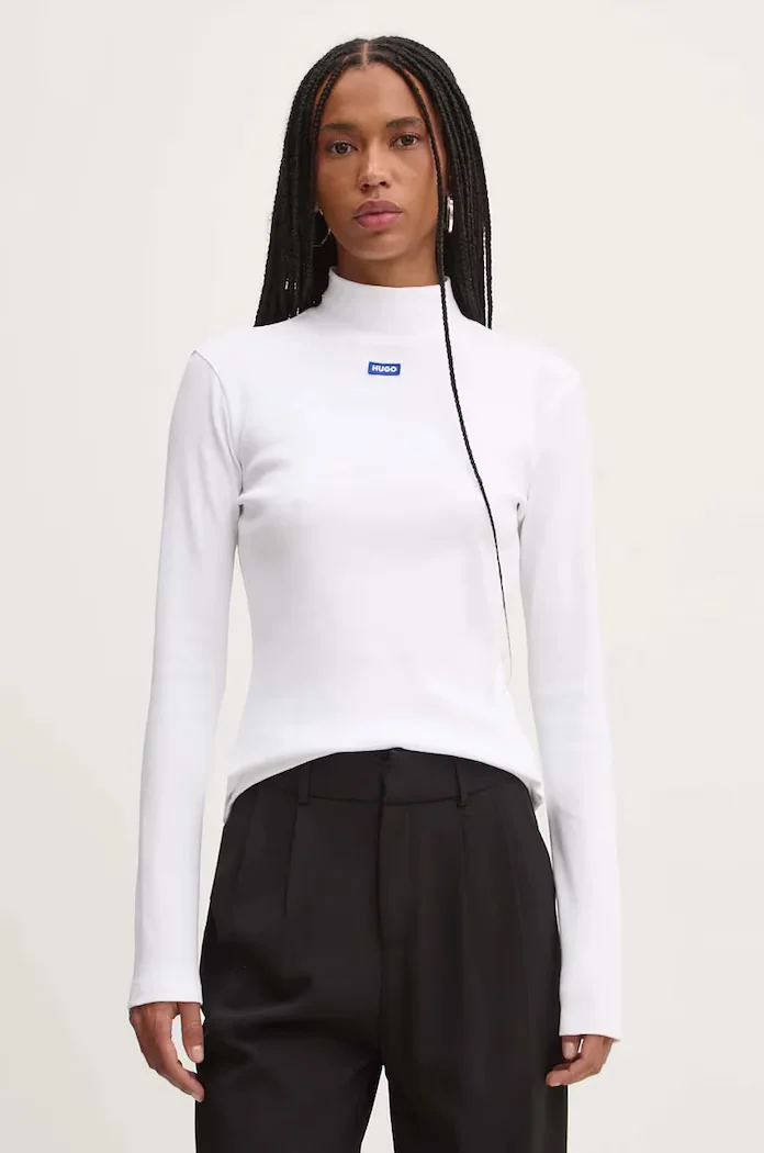 HUGO Blue блуза с дълги ръкави дамска от памук с еластан Easy Longsleeve_B бяла 50525318