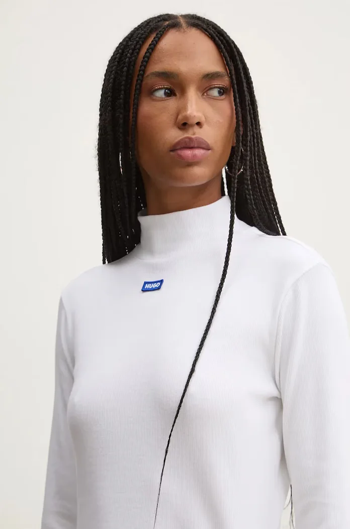 HUGO Blue блуза с дълги ръкави дамска от памук с еластан Easy Longsleeve_B бяла 50525318