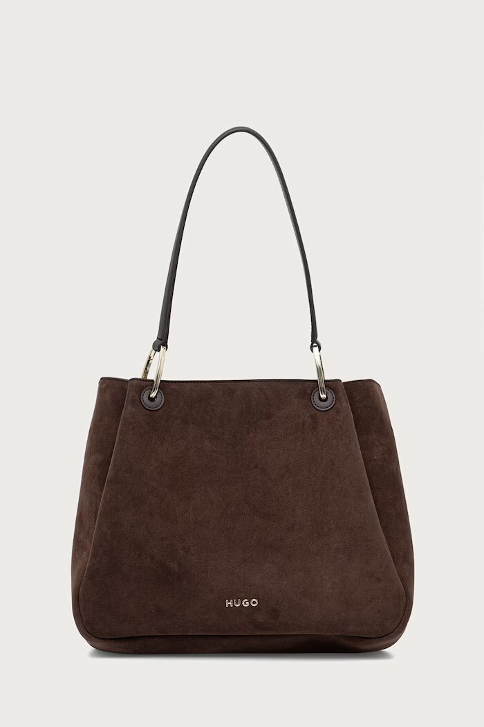 HUGO чанта tote дамска от имитация на велур Orin 2.0S_Small Tote кафява 50568033
