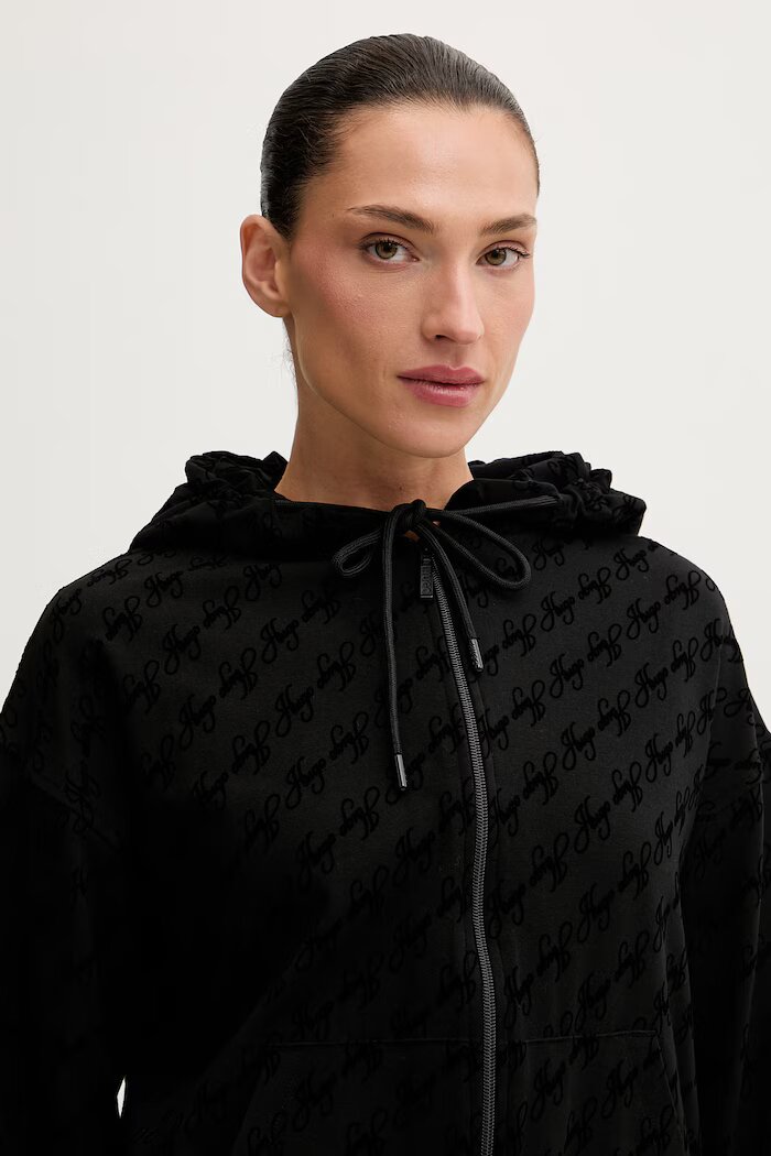 HUGO домашен суичър дамски с памук FLOKKY_JACKET черен 50566669