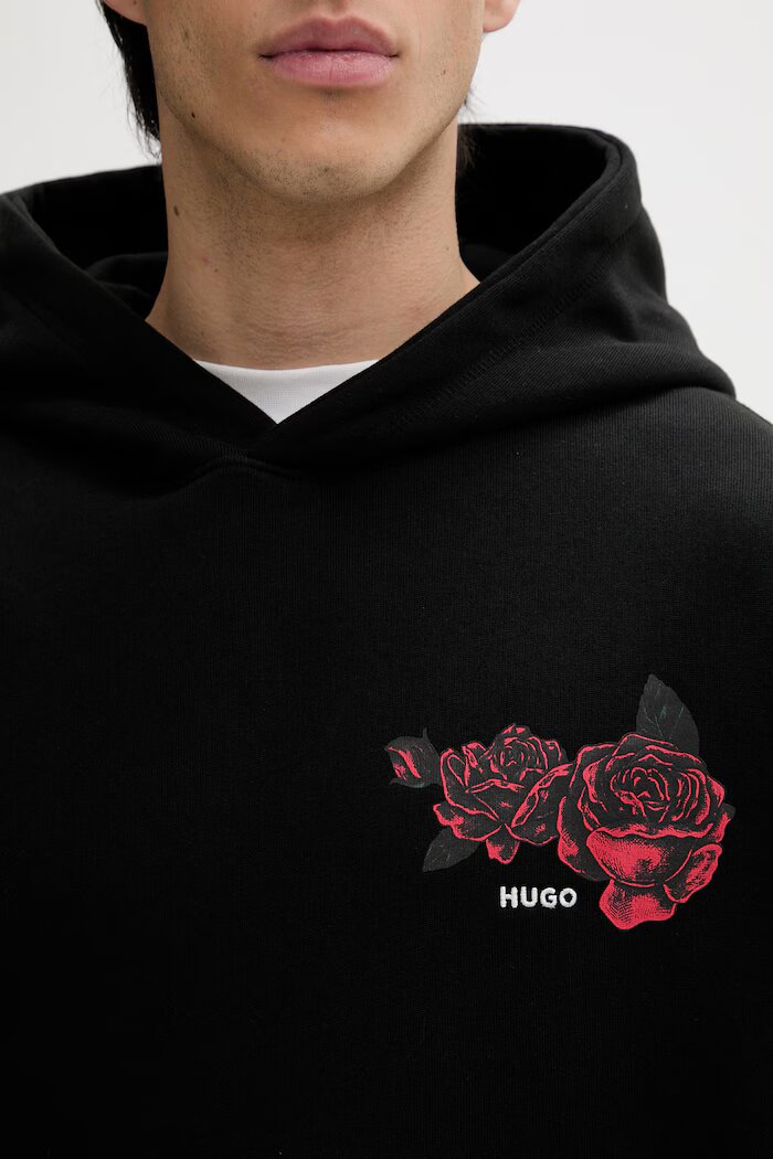 HUGO Памучен суичър Dagethood мъжки в черно с качулка с принт 50556389