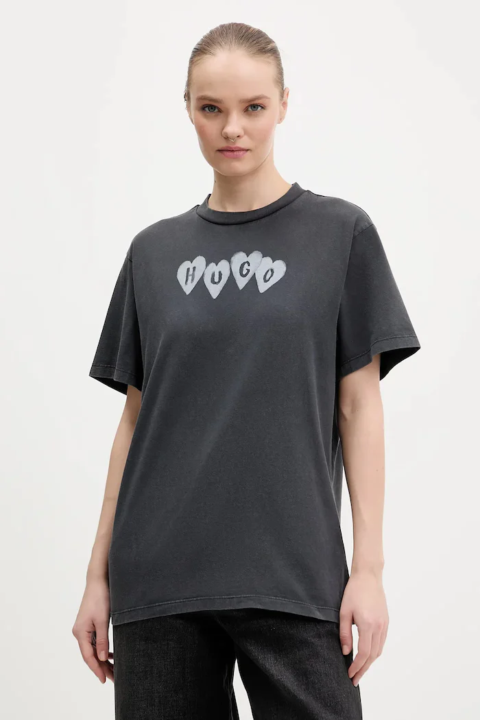 HUGO Памучна тениска Vintage Tee_22 дамска в сиво 50561164