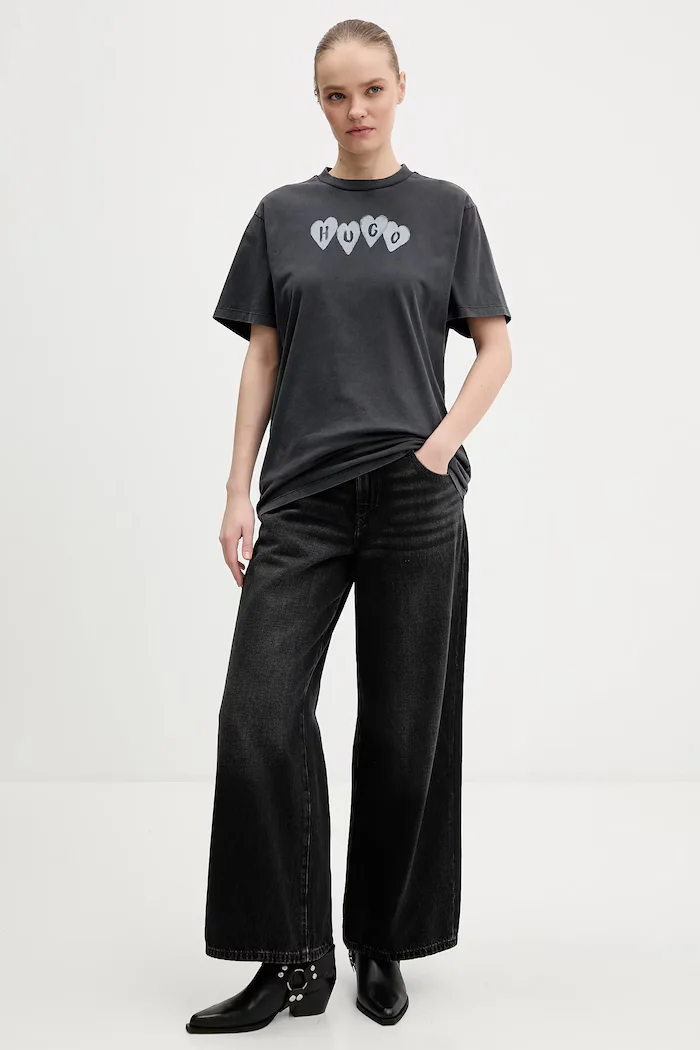 HUGO Памучна тениска Vintage Tee_22 дамска в сиво 50561164