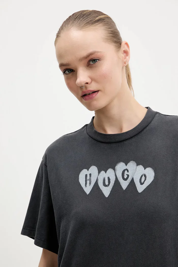 HUGO Памучна тениска Vintage Tee_22 дамска в сиво 50561164