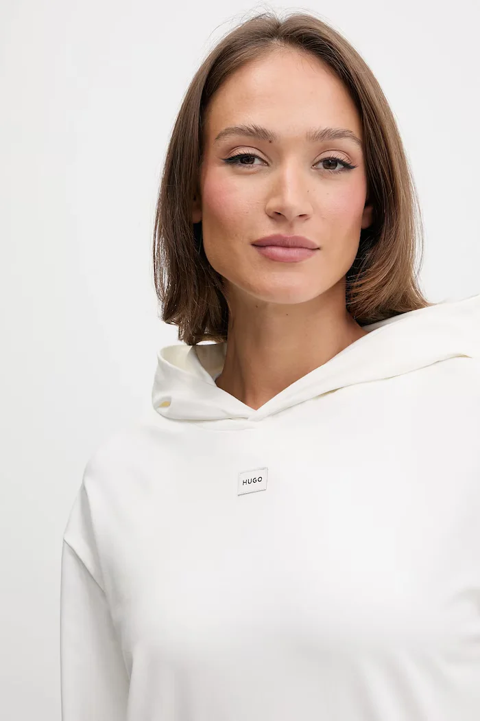 HUGO суичър с качулка дамски с памук SIGNATURE_HOODIE бежов 50556816